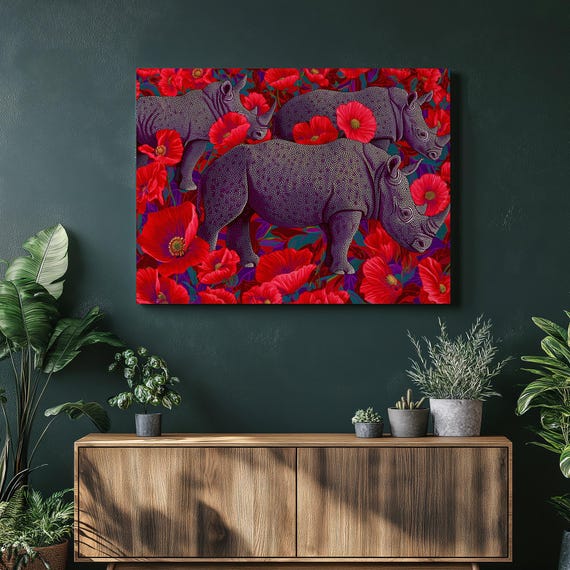 Majestic Rhino Canvas Wall Art Red Poppy Wildlife Print Dot Painting Nature Decor Animal Floral Pattern Pointillism Illustration