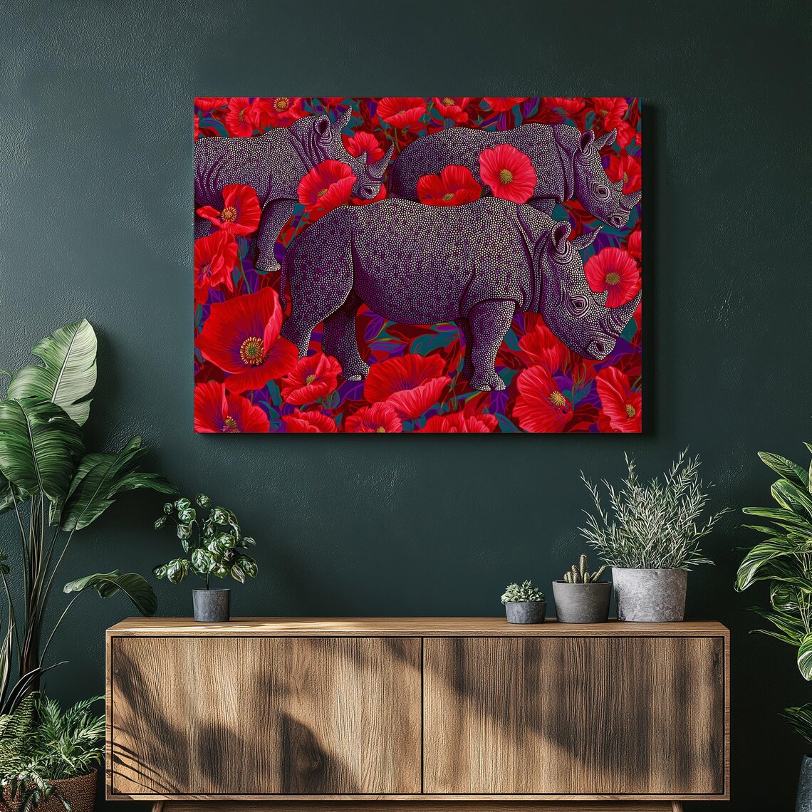 Three Majestic Rhinos Red Poppy Field Wildlife Pop Art Print