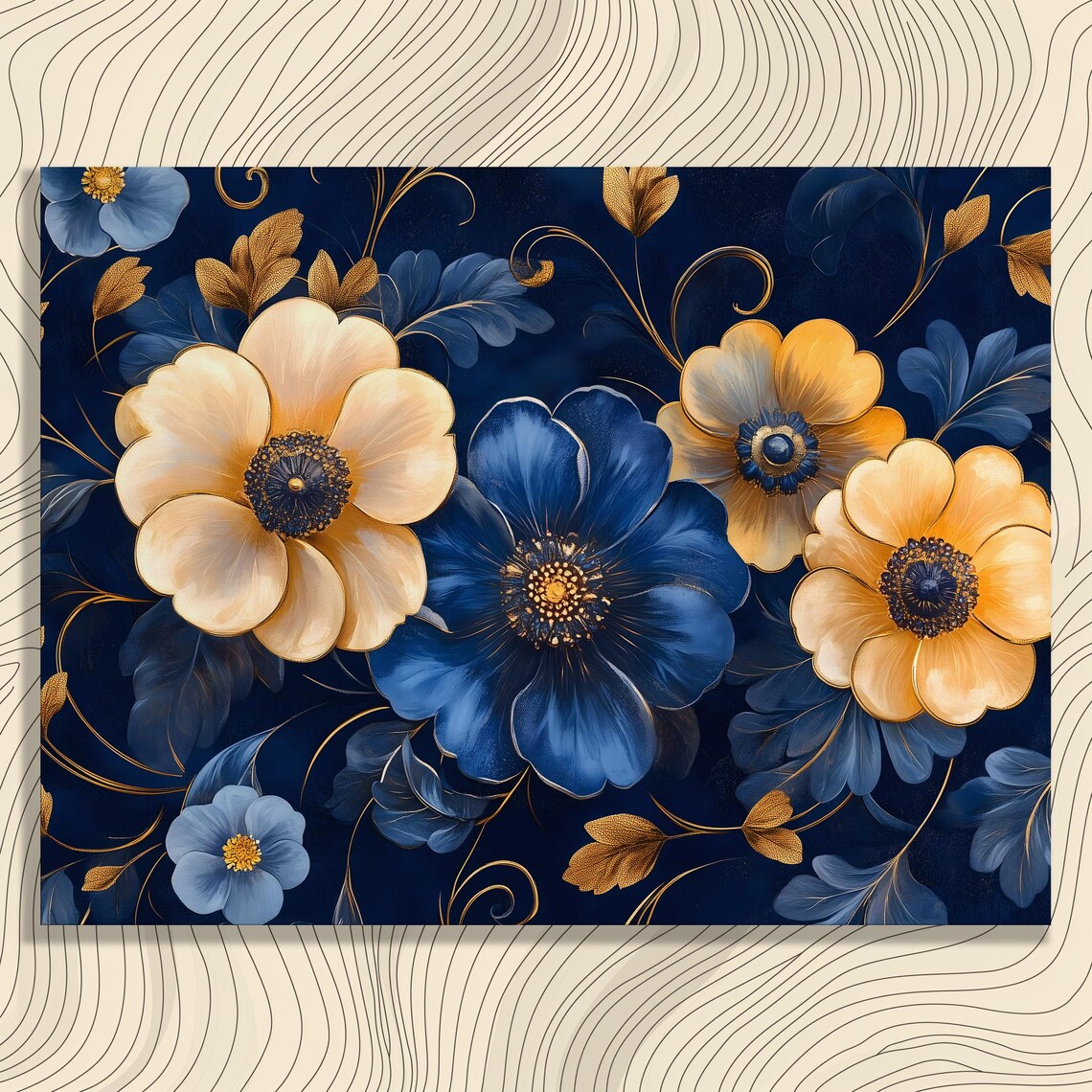 Blue Gold Flowers Dark Navy Background Elegant Botanical Poster