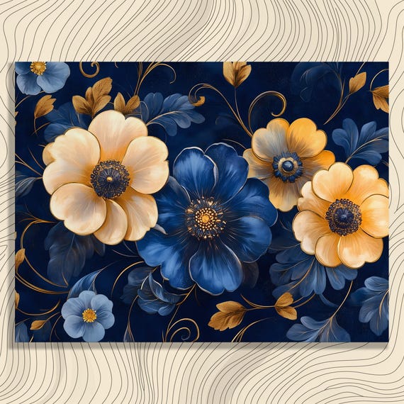 Vibrant Floral Canvas Wall Art Blue Gold Flower Print Botanical Decor Contemporary Garden Bold Artwork Nature Inspired