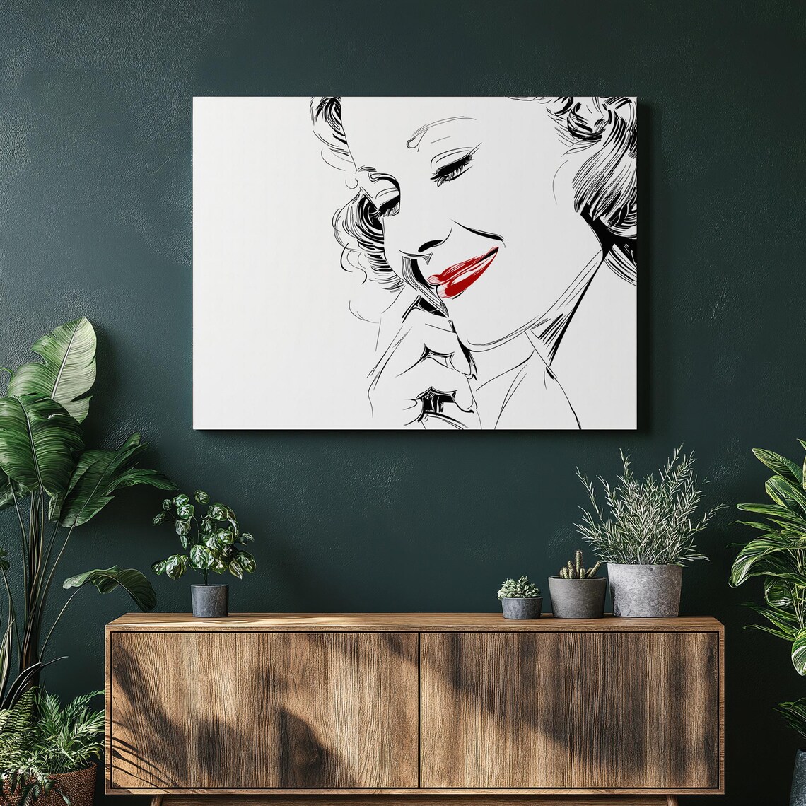 Marilyn Monroe Line Art Portrait Red Lips Minimalist Style Poster