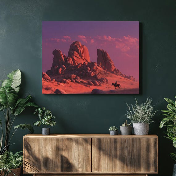 Western Cowboy Sunset Canvas Wall Art Colorful Desert Scenery Rider On Horseback Dramatic Purple Clouds Red Rock Formations Print Gift