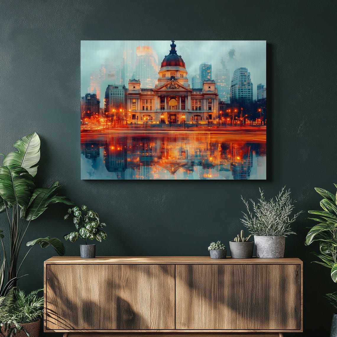 Buenos Aires Cityscape Canvas Wall Art Neoclassical Dome Skyline Reflection Urban Night Lights Print For Modern Home Decor