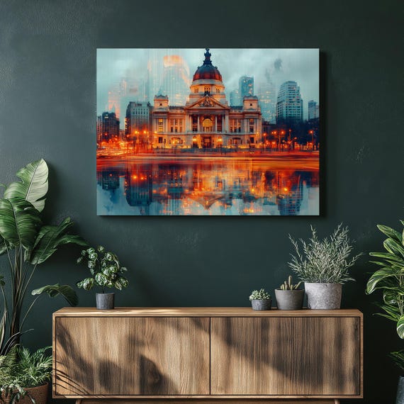 Buenos Aires Cityscape Canvas Wall Art Neoclassical Dome Skyline Reflection Urban Night Lights Print For Modern Home Decor
