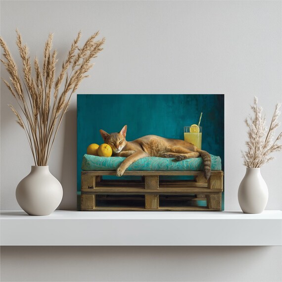 Ginger Cat Sleeping Lemonade Still Life Teal Rustic Kitchen Poster
