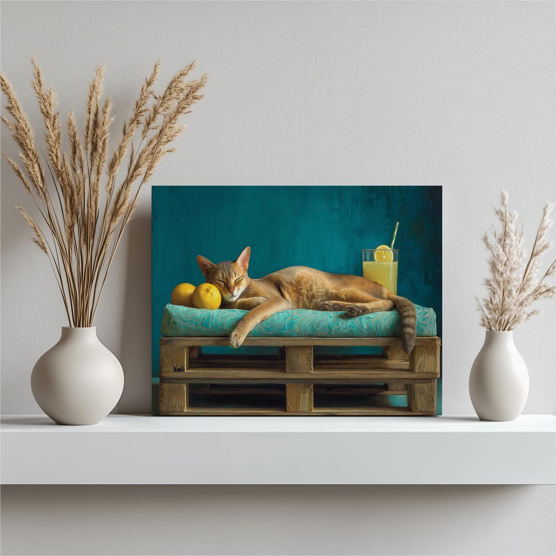Ginger Cat Sleeping Lemonade Still Life Teal Rustic Kitchen Poster