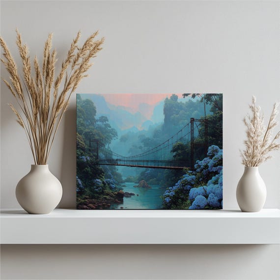 Misty Jungle Bridge Canvas Wall Art Tropical Rainforest Landscape Blue Hydrangea Flowers River Scenery Hanging Decoration Print