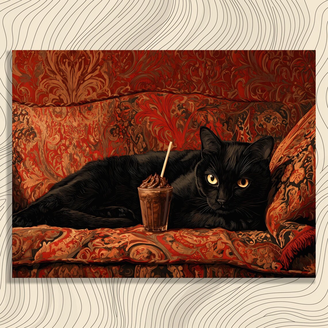 Black Cat On Red Brocade Sofa Chocolate Shake Elegant Feline Art Poster