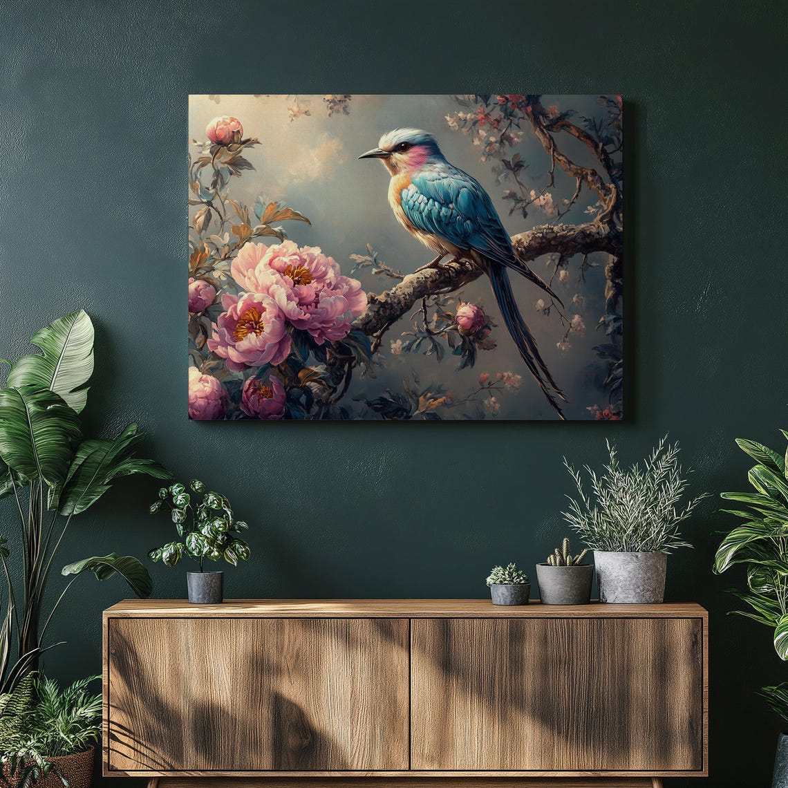 Lilac Breasted Roller Bird on Peony Branch Vintage Style Wall Art