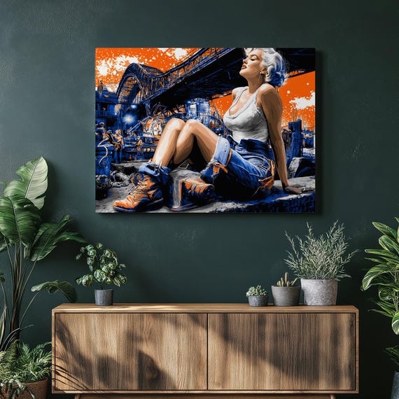 Pin Up Model Canvas Wall Art Vintage Glamour Industrial Bridge Decor Print Retro Factory Girl Pop Illustration Gift