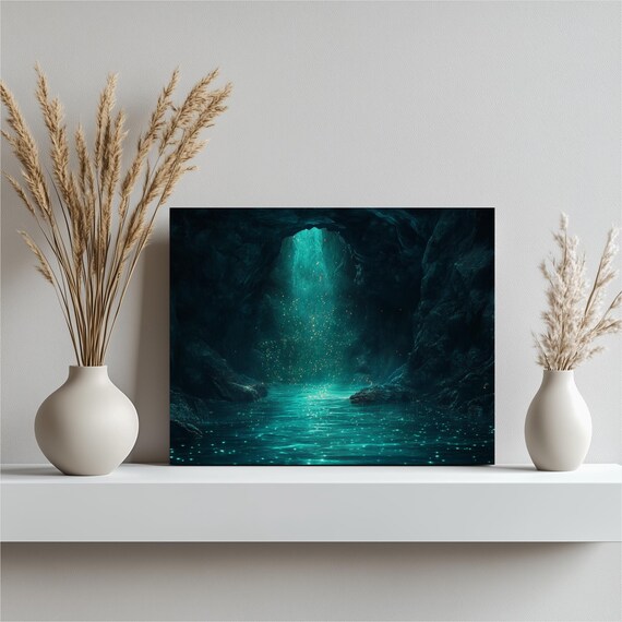 Glowing Turquoise Underwater Cave Bioluminescent Seascape Wall Art