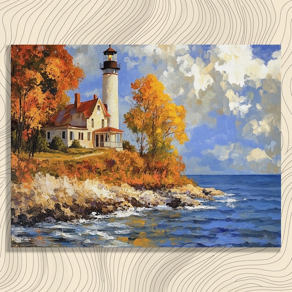 Lighthouse Autumn Coast Rocky Shoreline Fall Landscape Poster