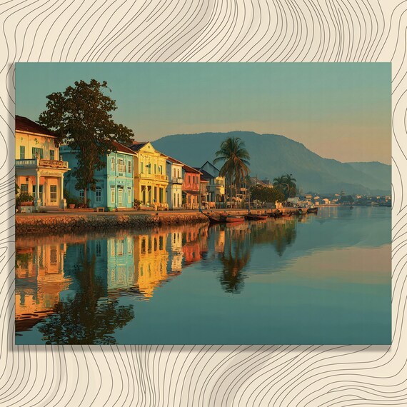 Colorful Tropical Waterfront With Pastel Houses And Calm Reflection Poster