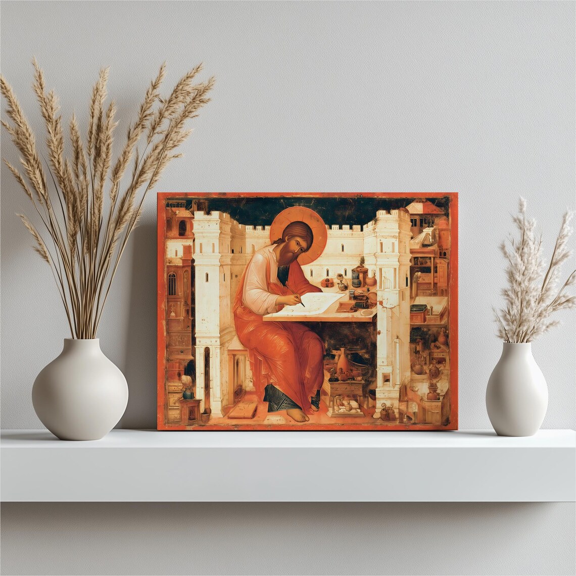 Medieval Biblical Scribe Writing at Desk Icon Style Art Wall Poster