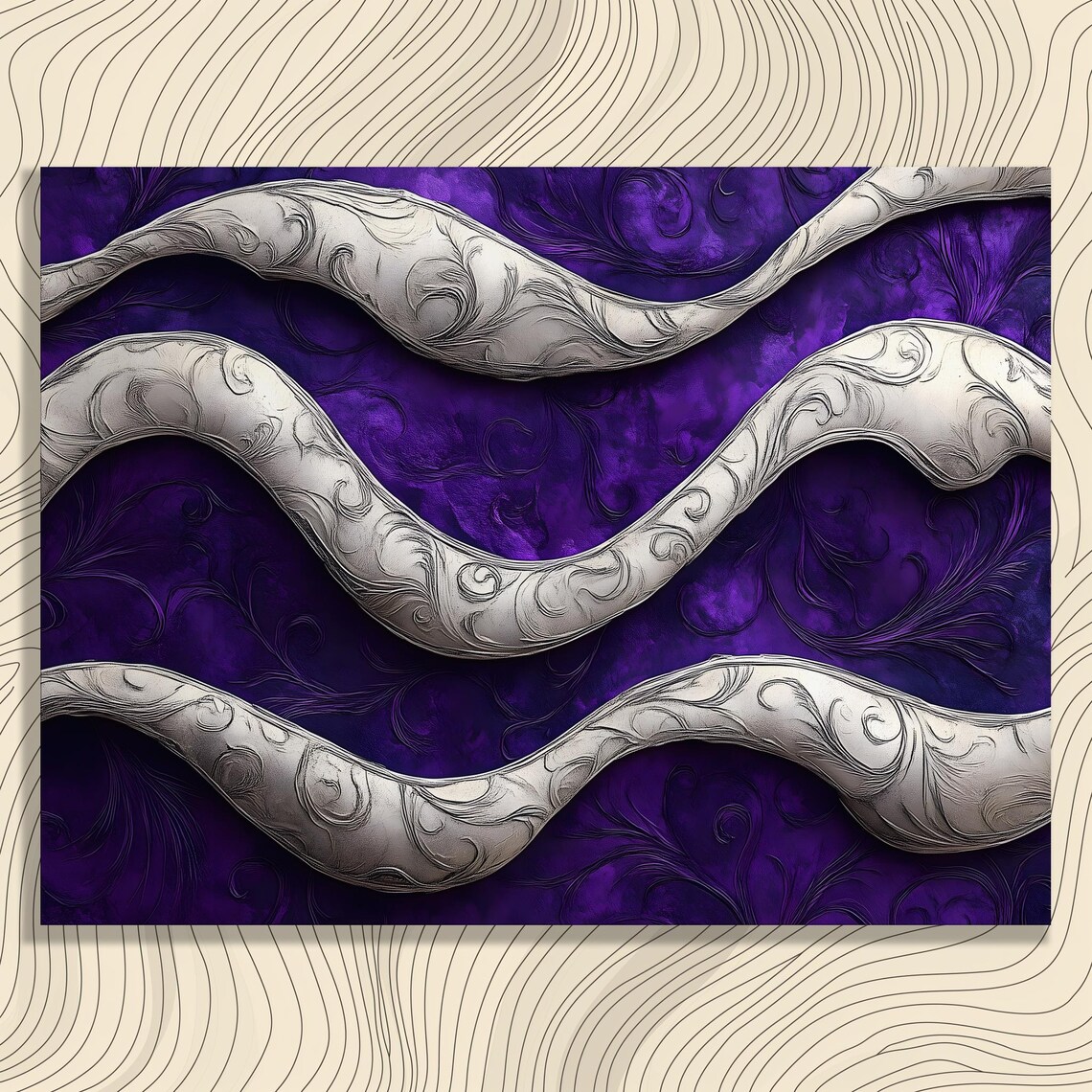 Silver Swirls Abstract Canvas Wall Art Elegant Baroque Decor Print Gift For Interior Designers Purple Pattern Painting
