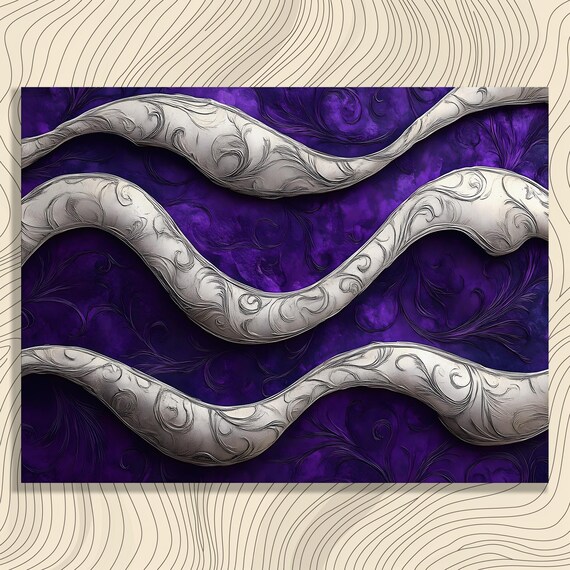 Silver Swirls Abstract Canvas Wall Art Elegant Baroque Decor Print Gift For Interior Designers Purple Pattern Painting