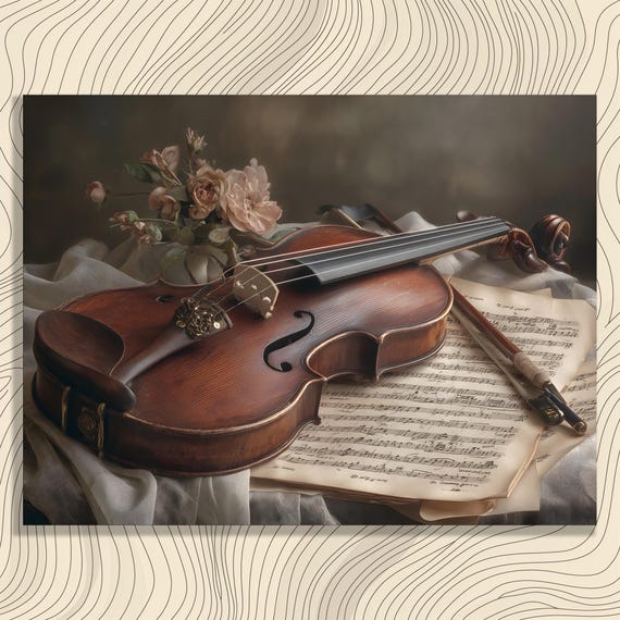 Elegant Violin Canvas Wall Art Classical Music Instrument Floral Sheet Still Life Vintage Decoration Print