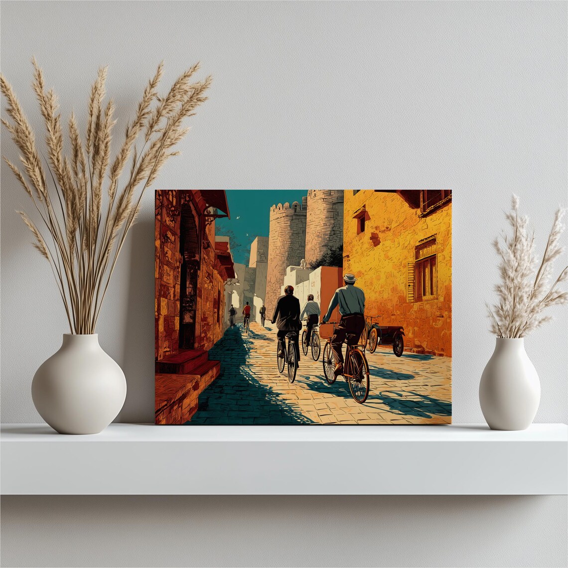 Cyclists Riding Cobblestone Old Town Street Retro Travel Poster Art