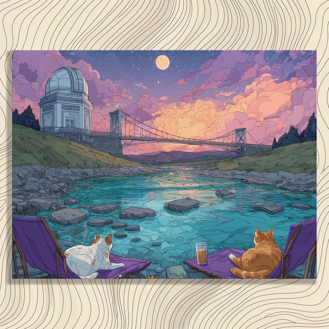 Whimsical Cats Sunset Canvas Wall Art Colorful Starry Sky Cat Print River Landscape Bridge Moon Painting Decor Gift
