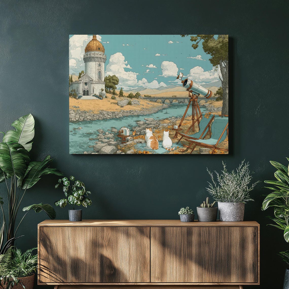 Two Cats By The River With Telescope Observatory Dome Whimsical Poster