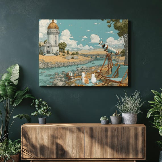 Cat River Scene Canvas Wall Art Sunflower Landscape With Stone Bridge Telescope And Medieval Tower Vintage Nature Print Scenic Artwork
