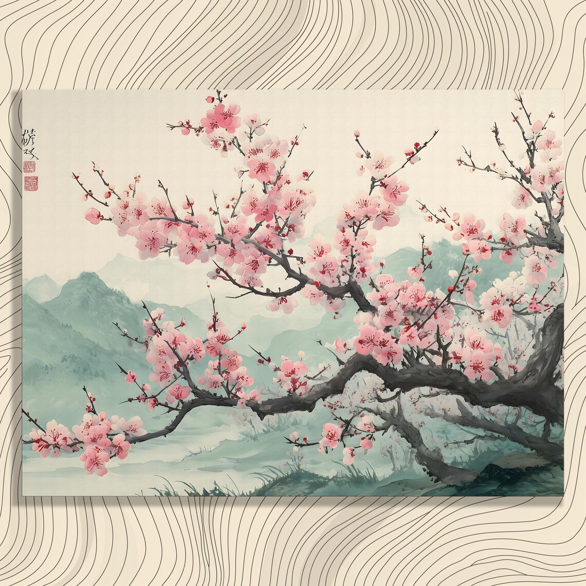 Chinese Cherry Blossom Poster, Oriental Floral Landscape