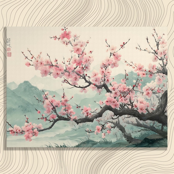 Chinese Cherry Blossom Poster, Oriental Floral Landscape
