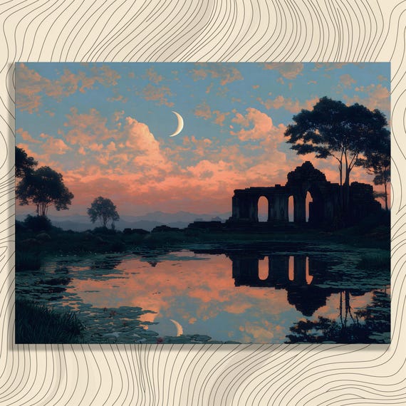 Cambodia Temple Ruins Canvas Wall Art Crescent Moon Over Pond Reflection At Dusk Tranquil Ancient Landscape For Serene Home Decor