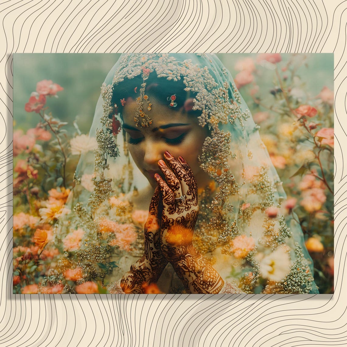 South Asian Bride Henna Hands Floral Veil Portrait Art Poster