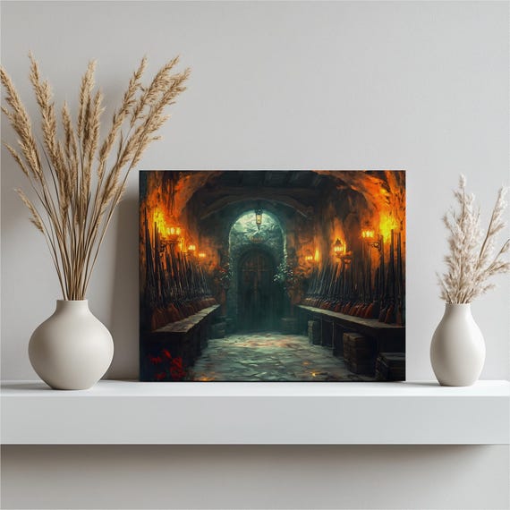 Western Gun Shop Canvas Wall Art Lantern Lit Corridor With Rifles