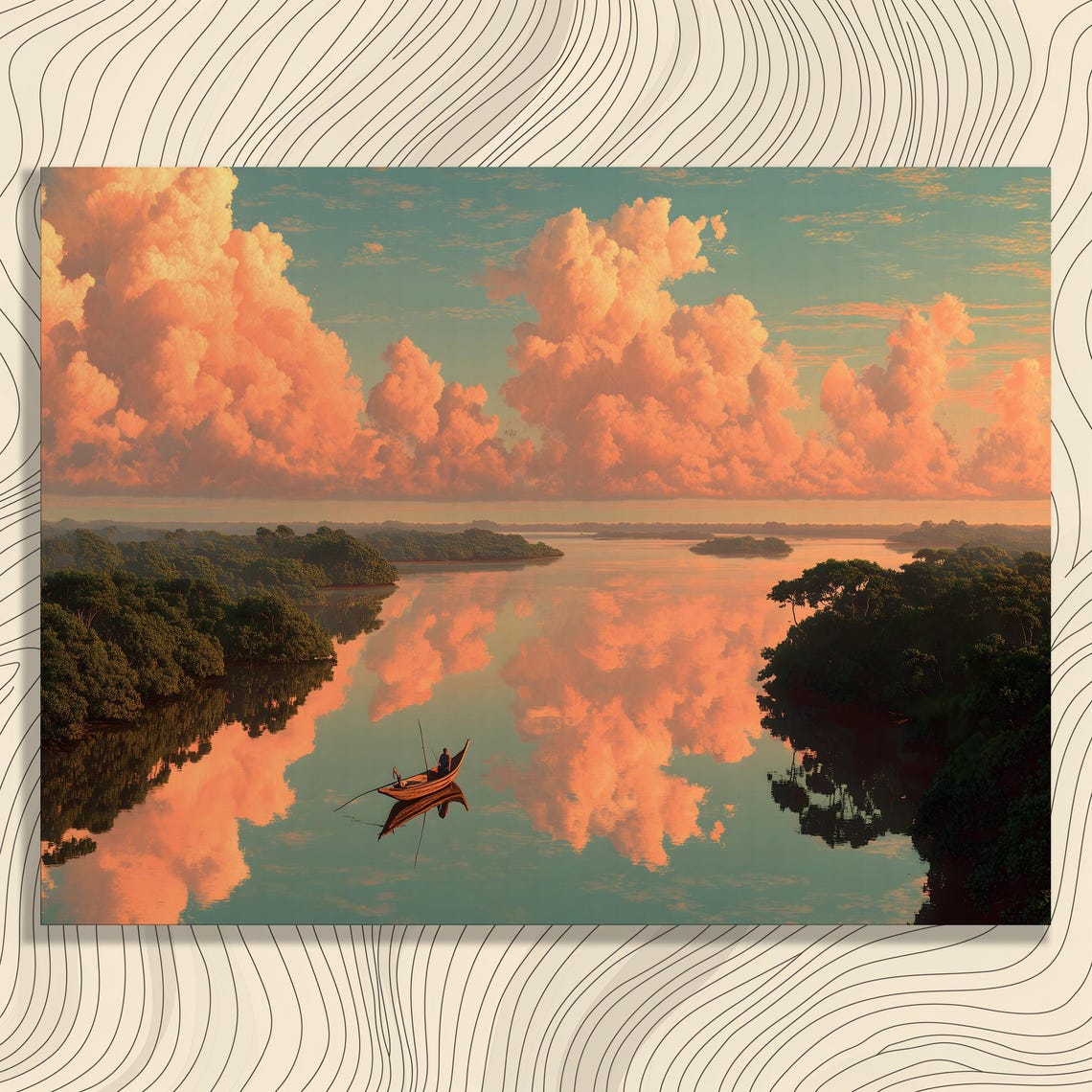 Sunset River Boat Reflection Dramatic Clouds Painting Poster