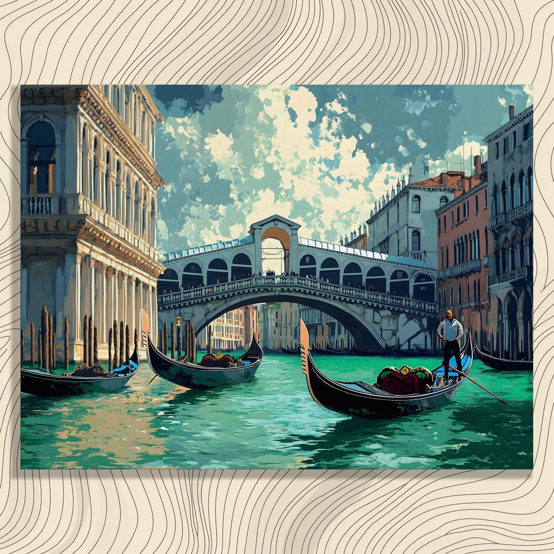 Rialto Bridge Venice Gondolas Grand Canal Illustrated Travel Poster