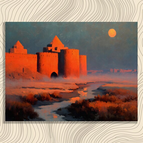 Medieval Castle Canvas Wall Art Sunset Fortress Painting Moody Teal Sky River Reflection Traditional Decor Print Gift