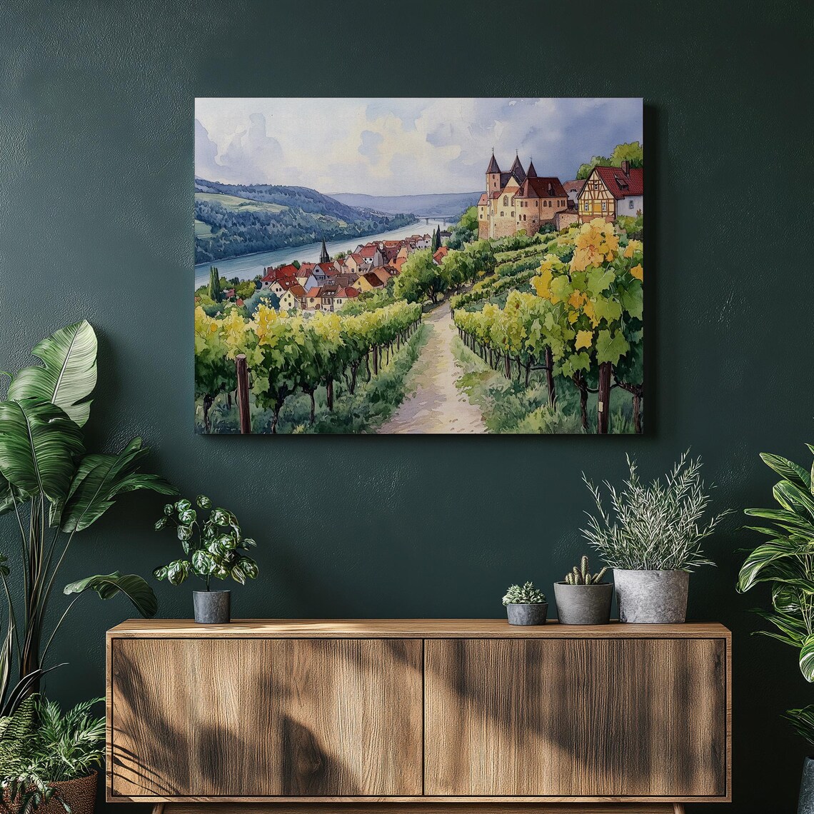 Riverside Castle Vineyard Village Watercolor Landscape Poster