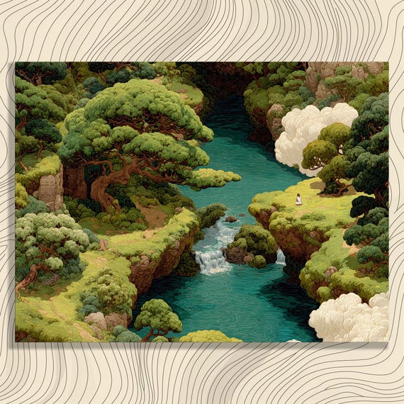 Floating Island Landscape Canvas Wall Art Serene Fantasy River With Waterfalls And Lush Trees Turquoise Canyon Stream Meditative Figure