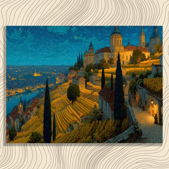 Starry Vineyard Village Canvas Wall Art Night Sky River Landscape Terraced Colorful Painting Blue And Yellow