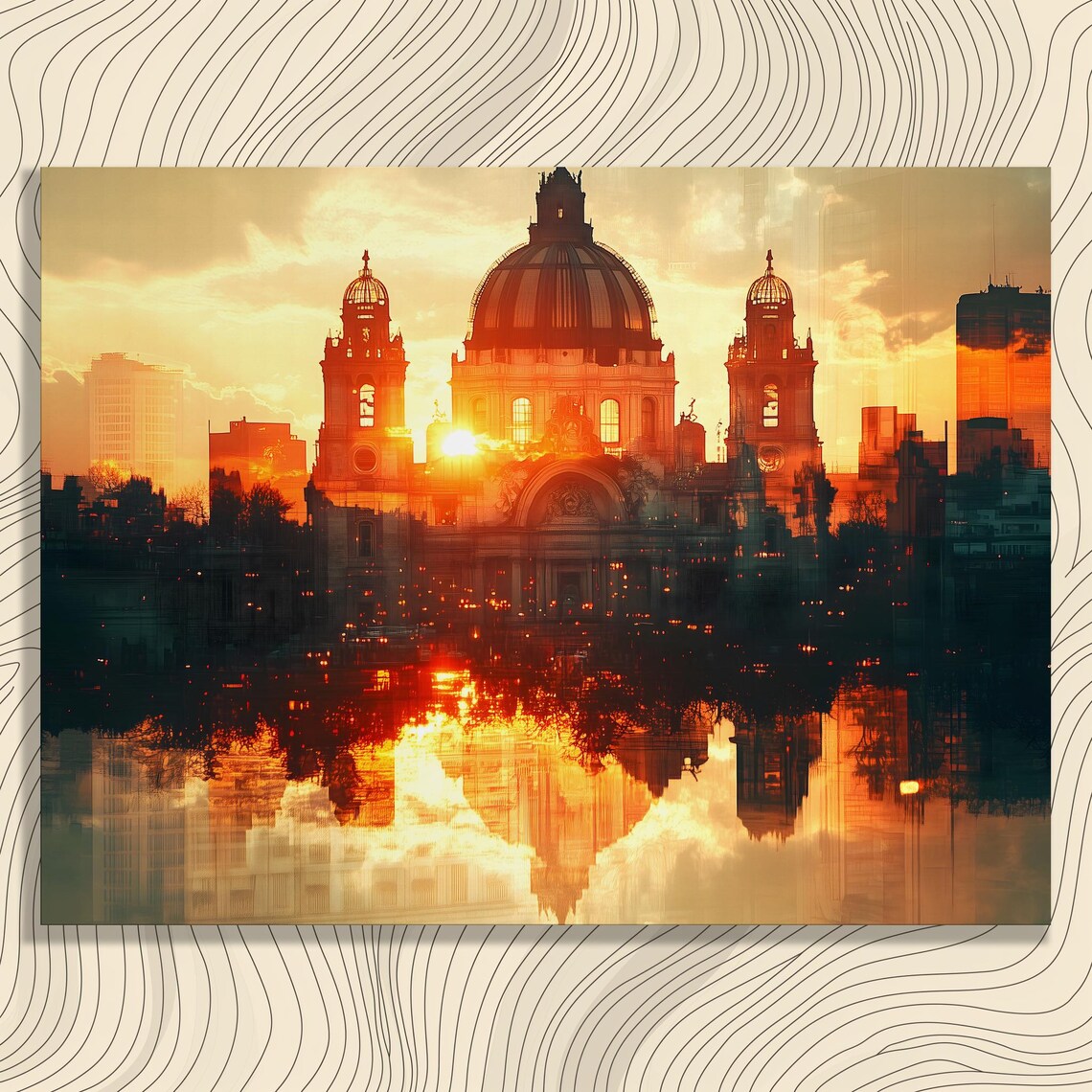 Cathedral Sunset Canvas Wall Art Modern Cityscape Reflection Print Impressionist Twilight Skyline Poster For Urban Decor