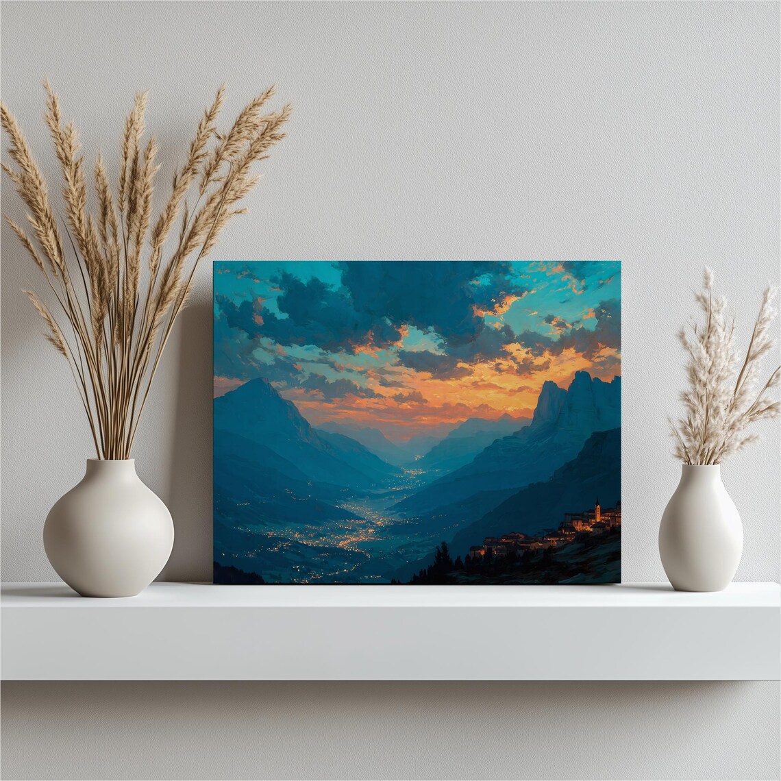 Vibrant Mountain Valley Sunset With Glowing Village Lights Poster
