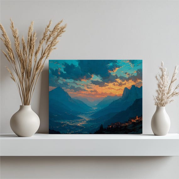 Mountain Sunset Canvas Wall Art Colorful Landscape Print Vibrant Twilight Sky Painting Valley Village Lights Nature Decor Gift