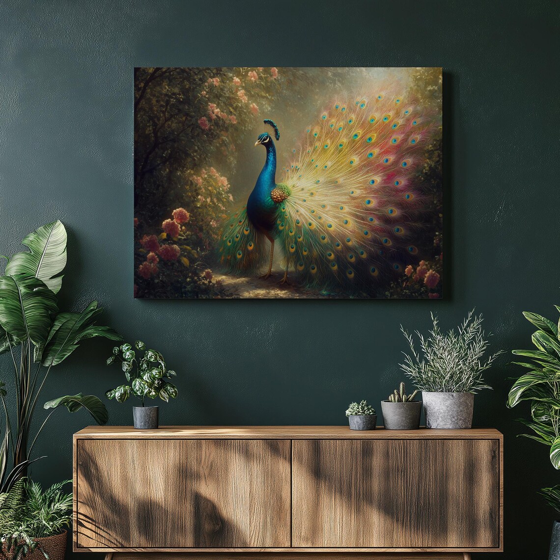 Majestic Peacock Iridescent Fanned Tail Rose Garden Nature Poster
