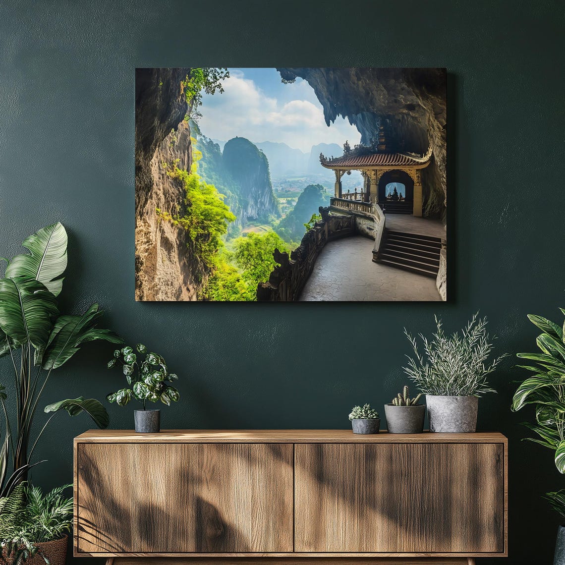 Ancient Cave Temple Overlooking Misty Karst Mountains at Dawn Poster