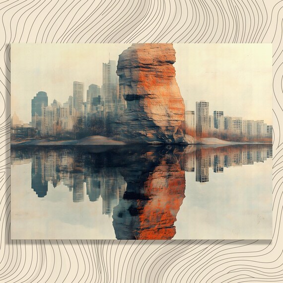 Surreal Rock Reflection Canvas Wall Art Abstract Modern Nature Landscape Print Contemporary Urban Surrealistic Water Decor