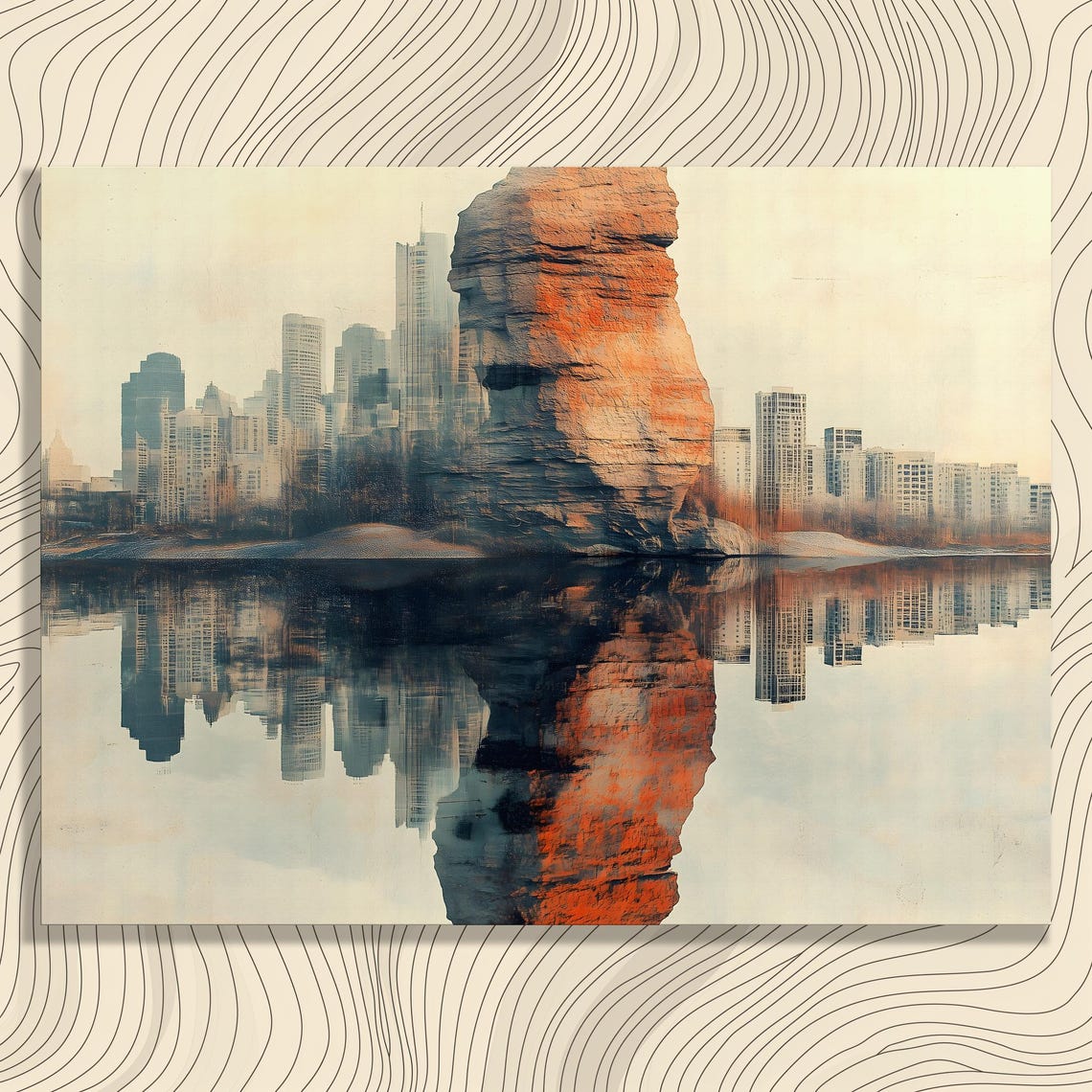 Surreal Rock Tower Mirrored City Skyline Double Exposure Art Poster
