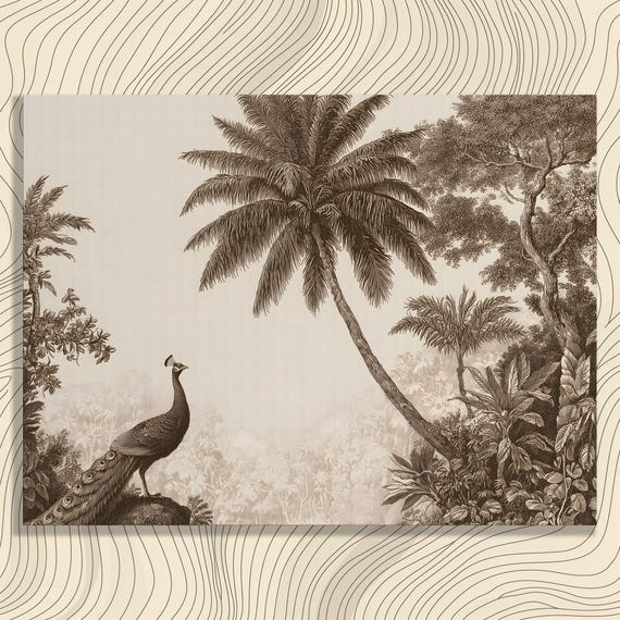 Peacock Vintage Canvas Wall Art Sepia Illustration Tropical Forest Palm Trees Botanical Print Exotic Bird Nature Decor