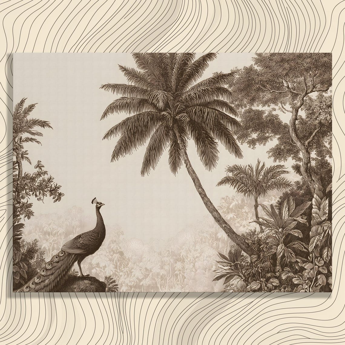 Vintage Peacock Engraving Tropical Palm Trees Botanical Print