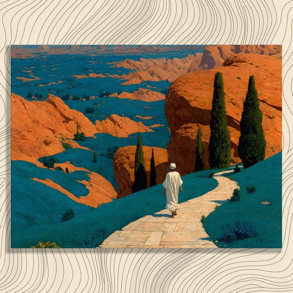 Surreal Canyon Journey Canvas Wall Art Vibrant Fantasy Desert Landscape With Winding Path Turquoise Grass Cypress Trees Orange Cliffs