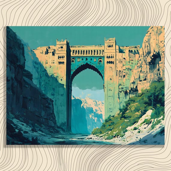 Khyber Pass Archway Canvas Wall Art Pakistan Mountain Gorge Architectural Landscape Print In Teal Blue And Green Scenic Travel Decor