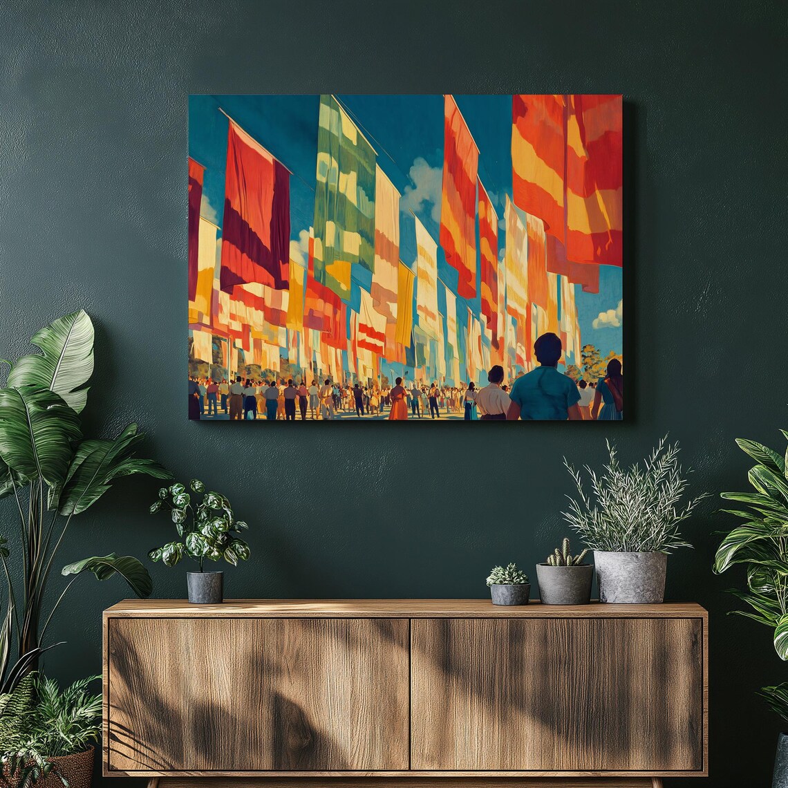Colorful Festival Banners Crowd Street Celebration Mid Century Print