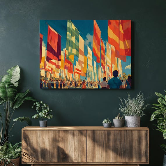 Colorful Festival Banners Canvas Wall Art Mid Century Inspired Crowd Scene Print Fabric Flags Under Blue Sky Outdoor Celebration Decor