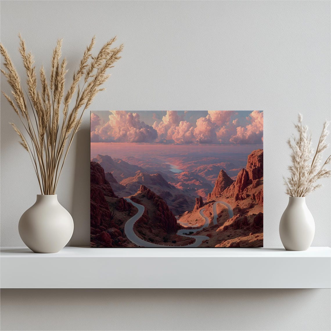 Scenic Winding Road Through Red Rock Canyon at Sunset Poster